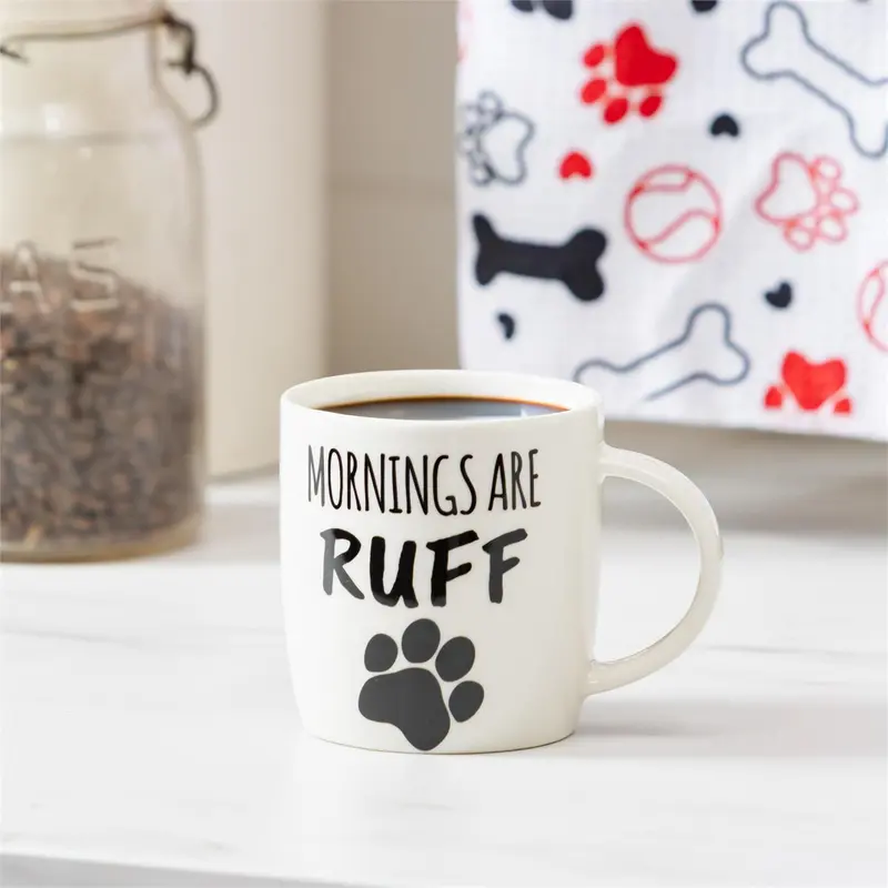 Hillside Pasture Pet Drinkware Gift Set Ceramic Cup with Quick Dry Towel, Mornings Ruff, 10oz, Box