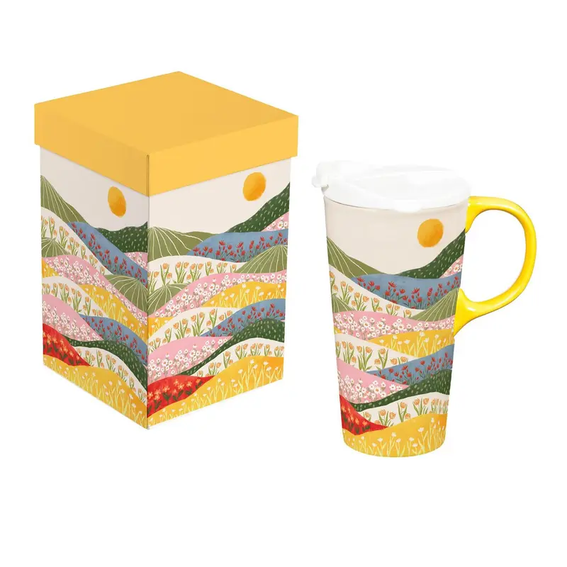 Hillside Pasture Travel Cup Ceramic Perfect Cup, Floral Hills, 17oz, Gift Box