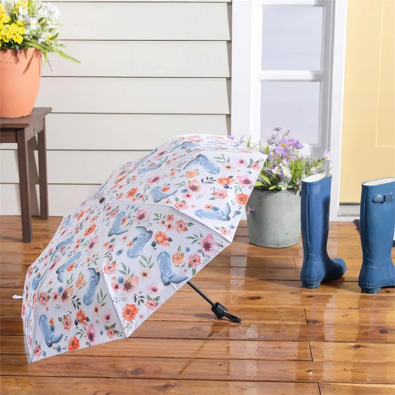 Hillside Pasture Umbrella Manual Compact with Sleeve, Cowboy Boots, 38" Canopy x 22.5"H