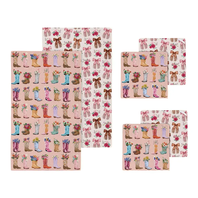 Hillside Pasture Western Cowboy Boots Kitchen Gift Set Quick Dry, 1pc Towel and 2pc Dish Cloth