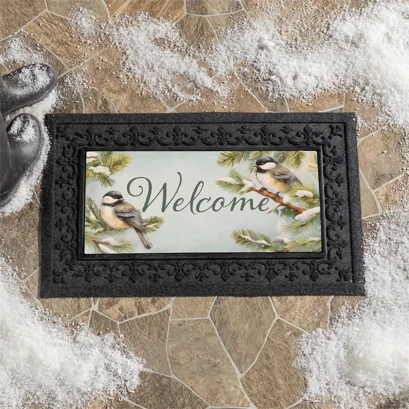 Holiday Poinsettia Chickadees Flocked Coir Sassafras Switch Mat, 22"x10"