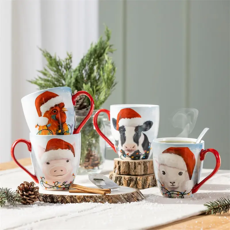 Holiday Poinsettia Coffee Cup Ceramic Cup O' Java, Christmas Farm, 17oz, Gift Box