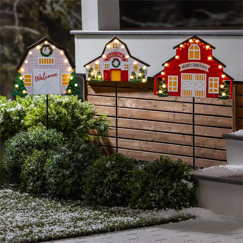 Holiday Poinsettia Garden Stake, Solar Garden Stake, Holiday Barn, 36"H, Asst of 3