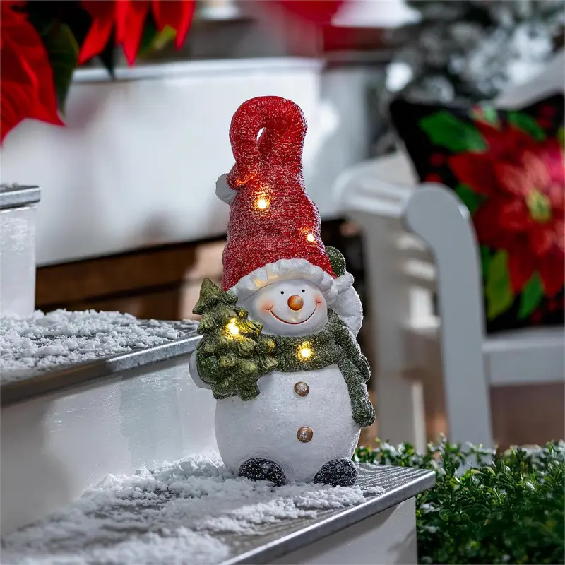 Holiday Poinsettia Garden Statue, LED Resin Statue, Glittering Snowman, 18"H