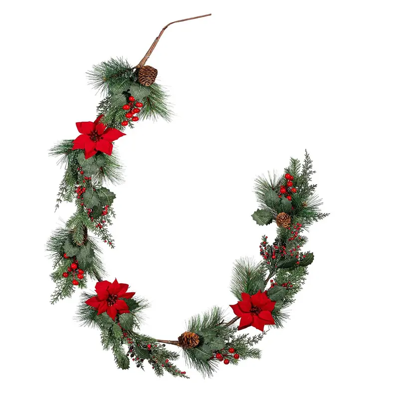 Holiday Poinsettia Garland Artificial Pine, 72"H