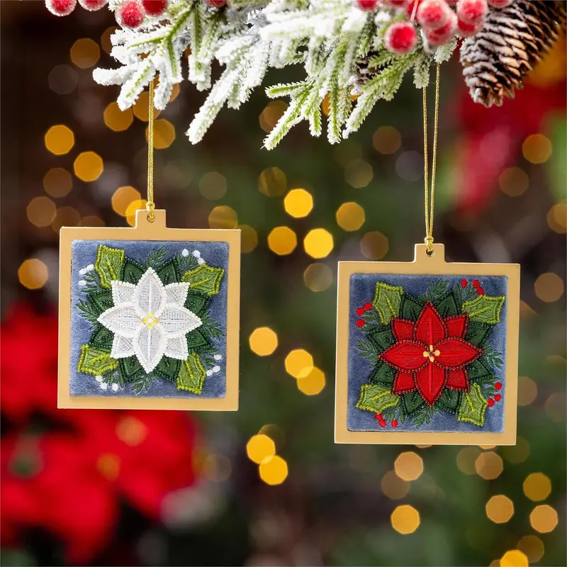 Holiday Poinsettia Ornament Poinsettia Beaded Square Wood and Fabric, Asst, 4.5"H