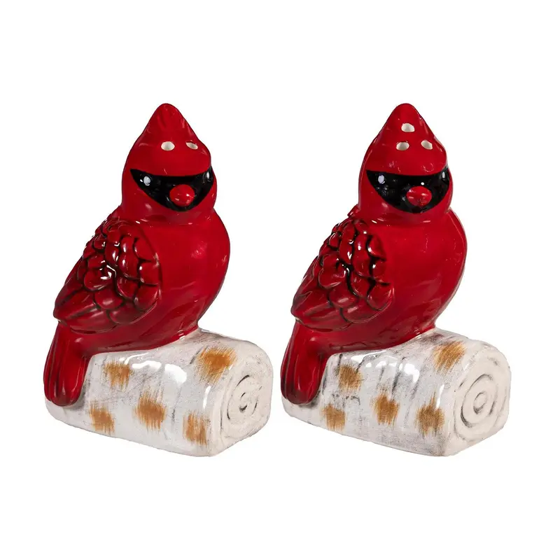 Holiday Poinsettia Salt & Pepper Shakers Ceramic Cardinal on Log, Set of 2