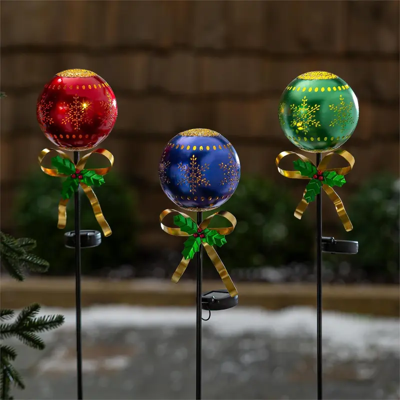 Holiday Poinsettia Solar Garden Stake, Metal Garden Stake, Holiday Ornament, Asst of 3, CDU