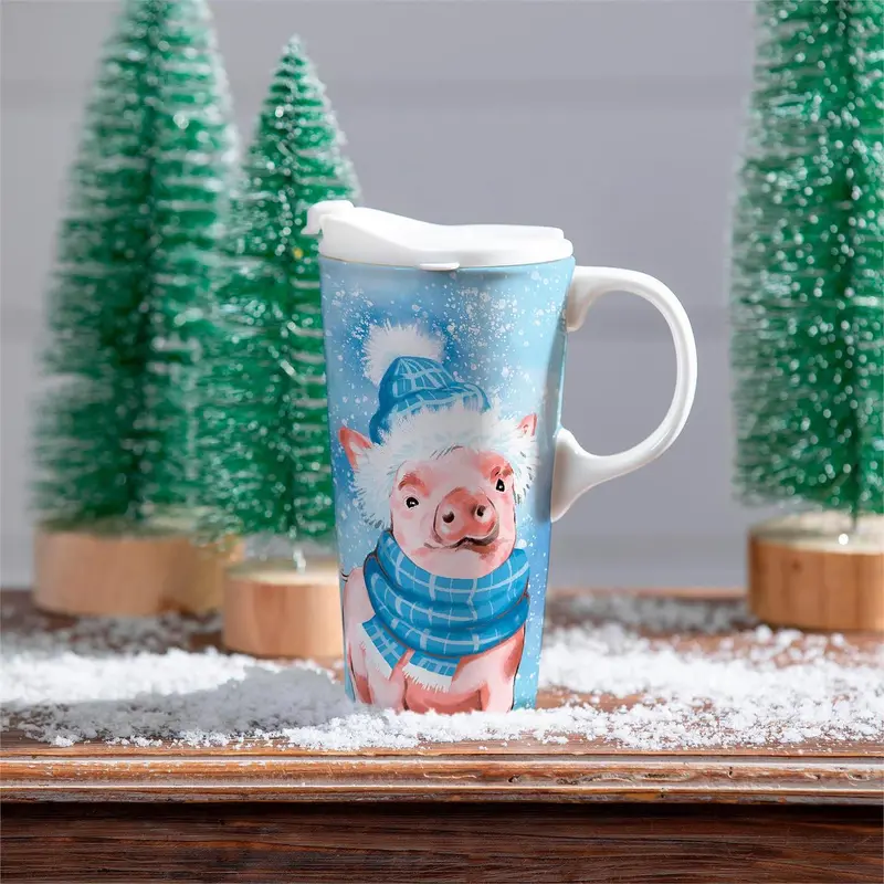 Holiday Poinsettia Travel Cup Ceramic Perfect Cup, Pig, 17oz, Gift Box