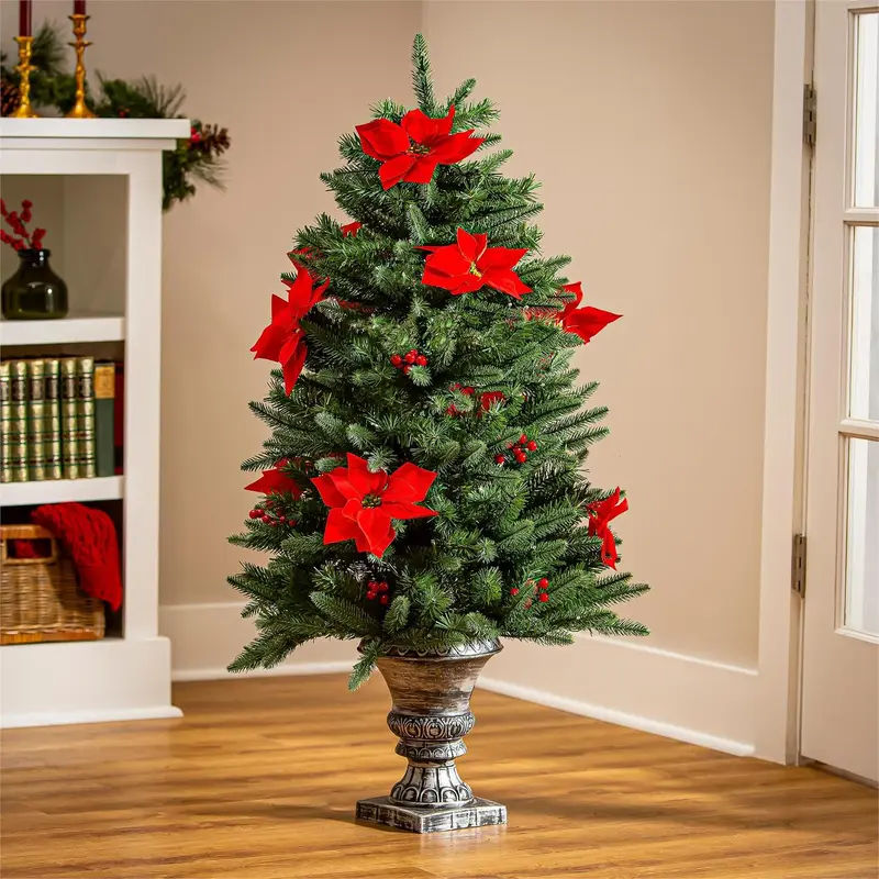 Holiday Poinsettia Tree Artificial Pine LED in Pot, 47"H