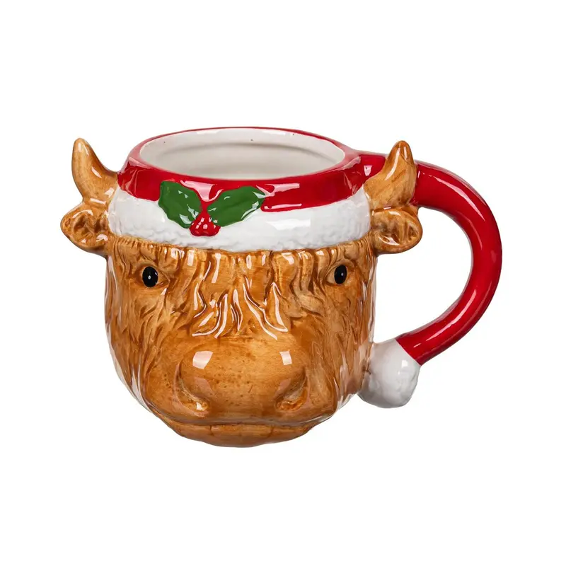 Holly Homestead Farm Highland Cow Coffee Cup Ceramic Sculpted, Christmas Hat