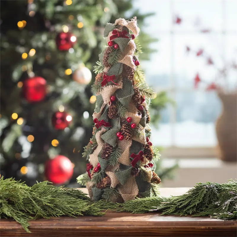 Holly Homestead Faux Floral Table Decor, Burlap Bow Tabletop Tree, 16"H