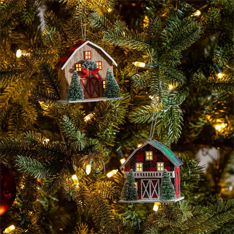 Holly Homestead Ornament Paper Barn with Bottlebrush Trees, 4", Asst of 2