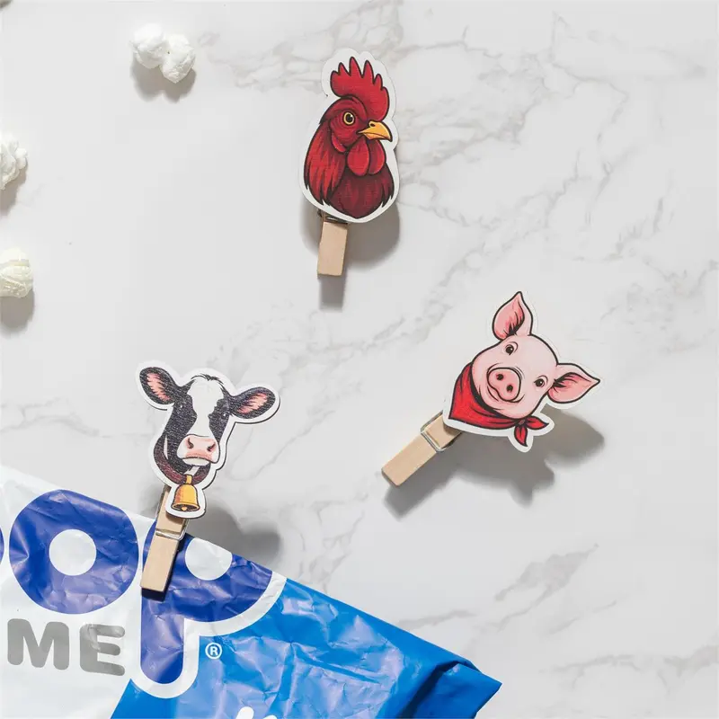 Holly Homestead Serving Utensils Farm Animal Wood Clip, Set of 3