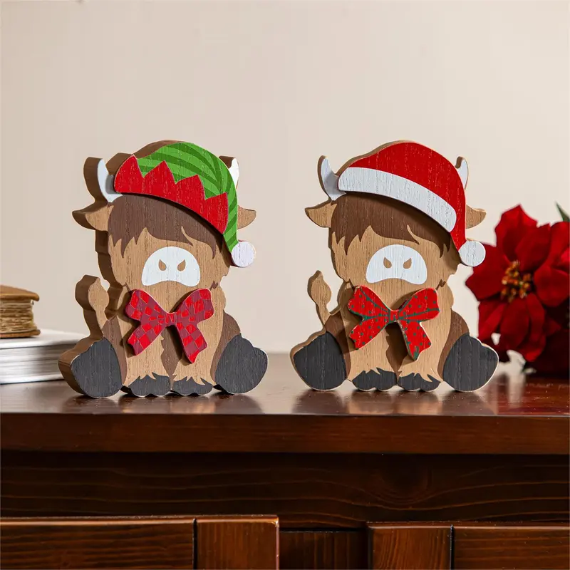 Holly Homestead Table Decor Wood Highland Cow, 6.5", Asst of 2, CDU