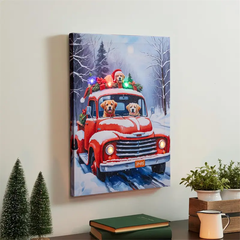 Holly Homestead Wall Decor, LED Canvas, Retrievers in Red Truck