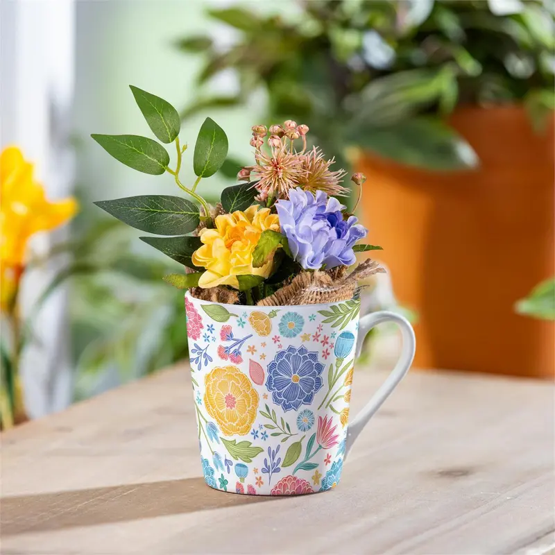 Hop Into Spring Drinkware Gift Set Ceramic Flare Cup and Decor, Block Florals, 12oz, Gift Box