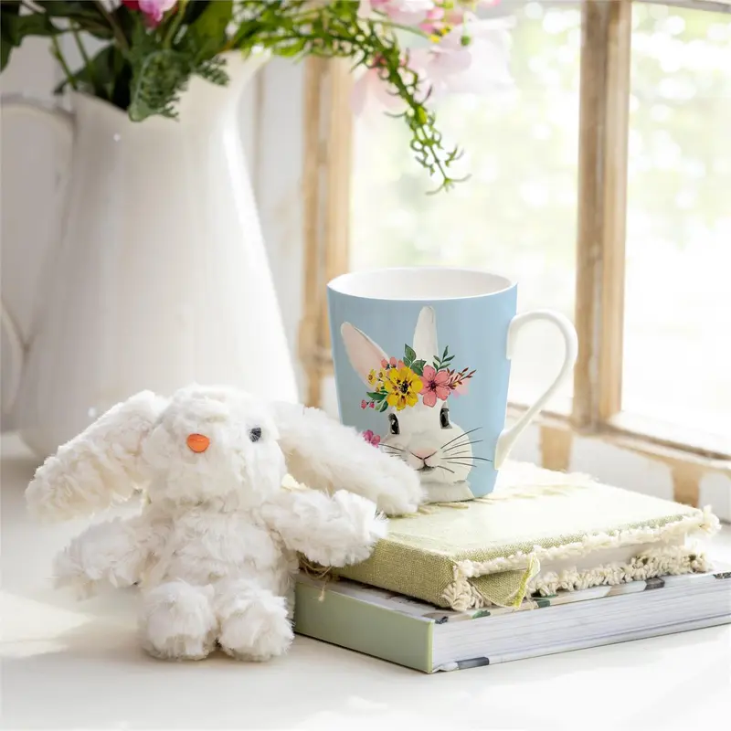 Hop Into Spring Drinkware Gift Set Ceramic Flare Cup and Plush, Hello Bunny, 12oz, Gift Box