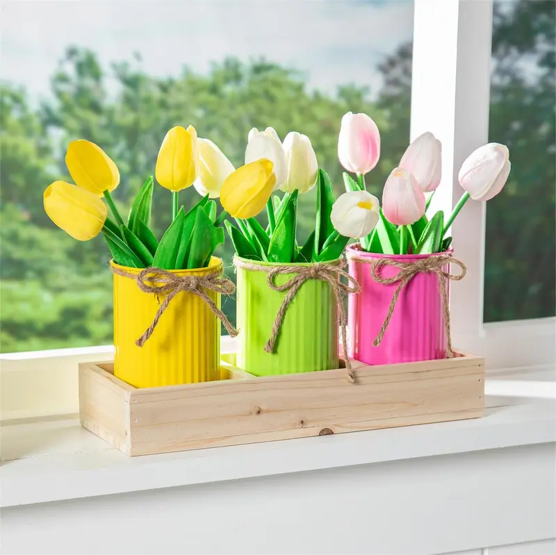 Hop Into Spring Faux Floral Table Decor Artificial Tulip Potted, 9"H, Asst of 3, In Wooden Crate CDU