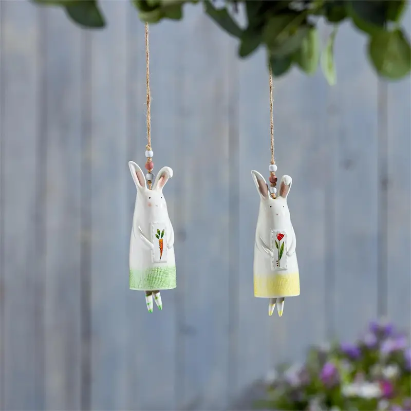 Hop Into Spring Garden Bell, Ceramic with Jute, Bunny with Icon, Asst of 2