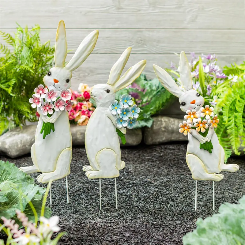 Hop Into Spring Garden Stake, Floral Bunny Metal Garden Stake, Asst of 3, CDU