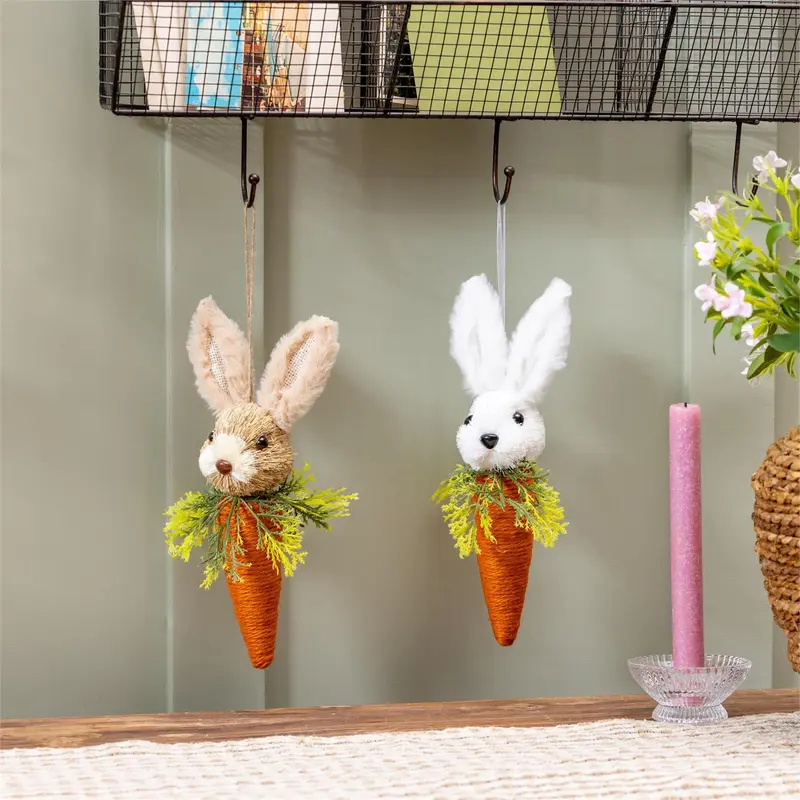 Hop Into Spring Hanging Decor Natural Fiber Bunny Carrot, 10"H, Asst of 2