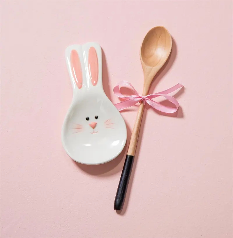 Hop Into Spring Kitchen Gift Set Ceramic Bunny Spoon Rest with Wooden Spoon, Set of 2, CDU
