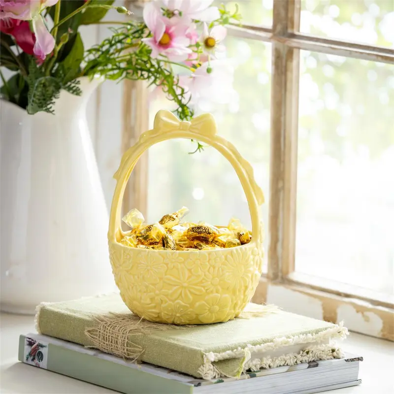 Hop Into Spring Table Decor Ceramic Decorative Bowl Basket with Bow, 7.5"H