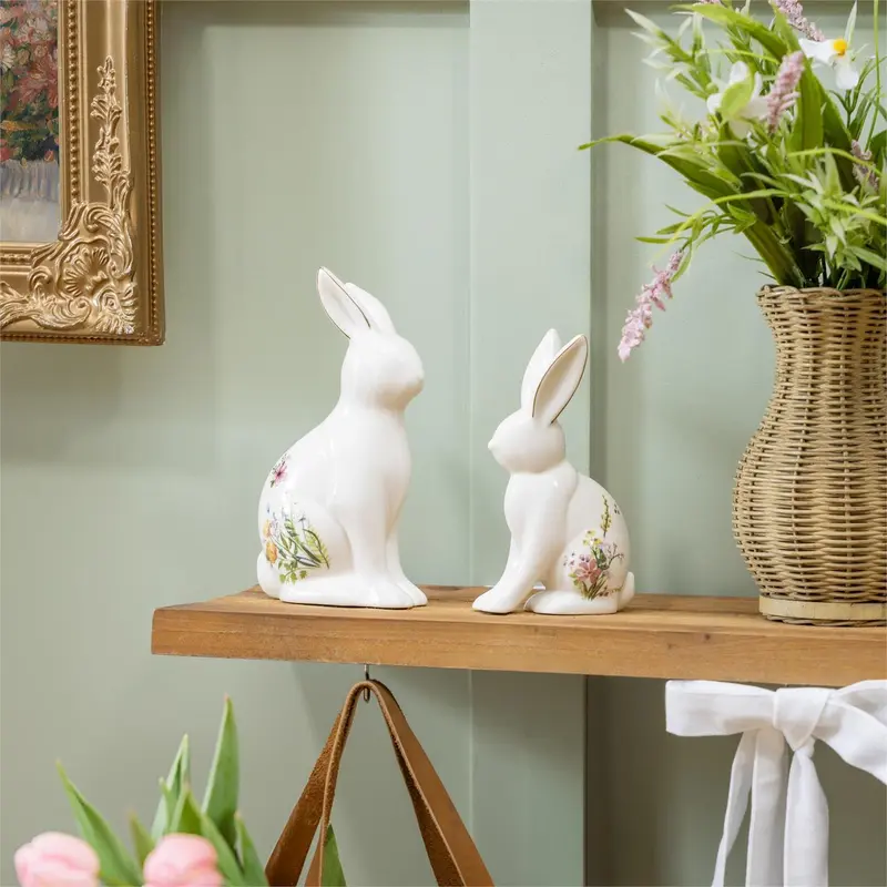 Hop Into Spring Table Decor Ceramic Floral Bunny, Set of 2
