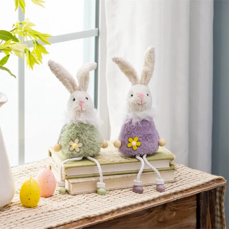 Hop Into Spring Table Decor Fabric Bunny with Dangling Legs, 13.25"H, Asst of 2