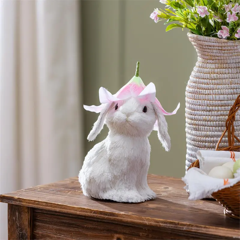 Hop Into Spring Table Decor Natural Fiber Bunny with Flower Hat, 10"H