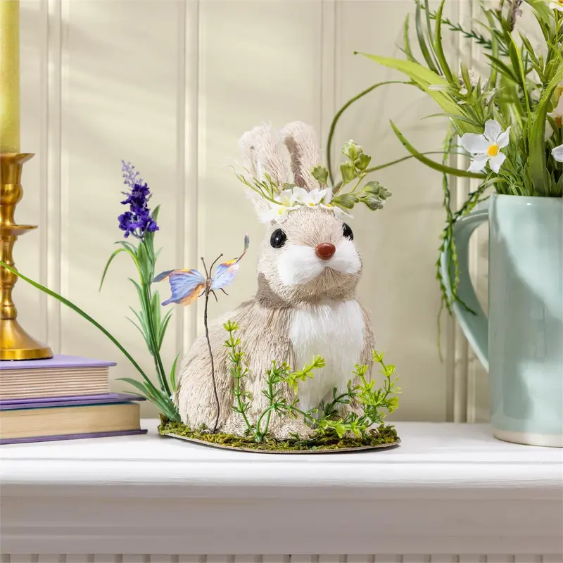 Hop Into Spring Table Decor Natural Fiber Floral Bunny with Butterfly, 9"H