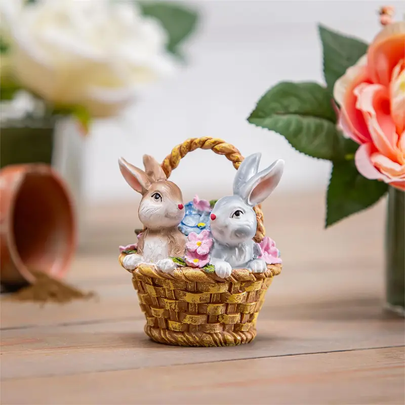 Hop Into Spring Table Decor Resin Bunnies in Flower Basket, 4"H, CDU