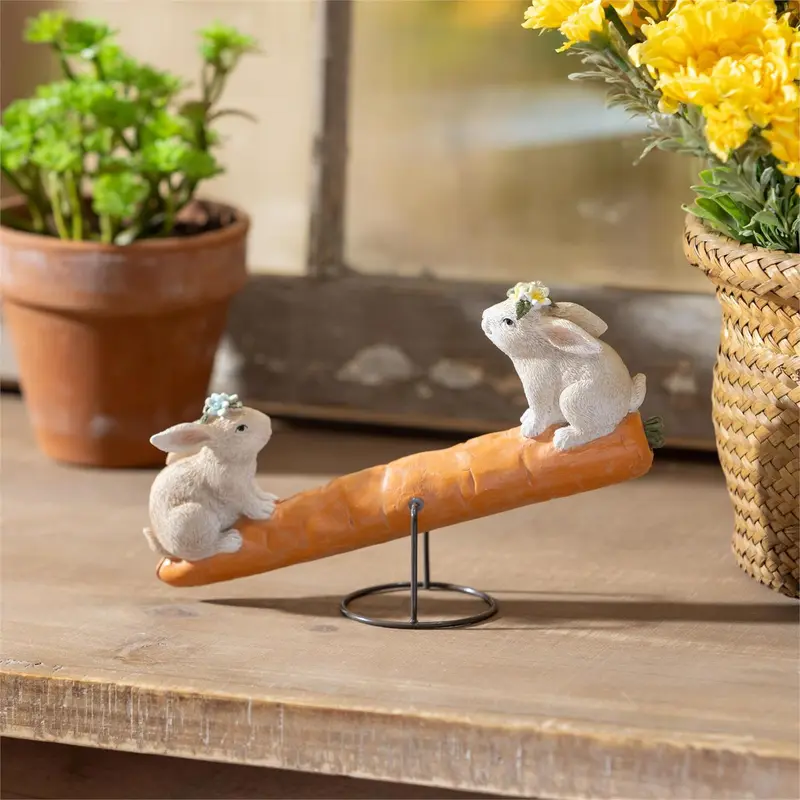 Hop Into Spring Table Decor Resin Bunnies on Carrot Seesaw, 8"L