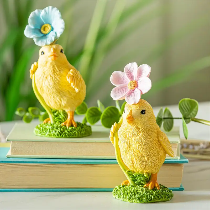 Hop Into Spring Table Decor Resin Chick with Flower, 5.75"H, Asst of 2, CDU