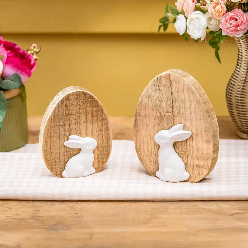 Hop Into Spring Table Decor Wood Egg with Ceramic Bunny, Set of 2
