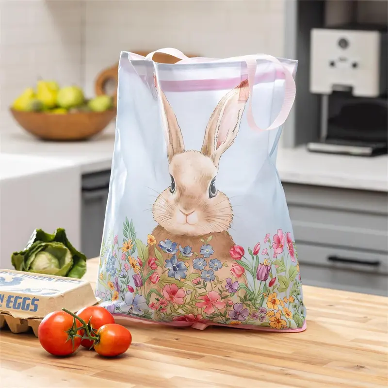 Hop Into Spring Tote Foldable Compact Tote Bag, Bunny, 15.5"L x 4.5"W x 16.5"H