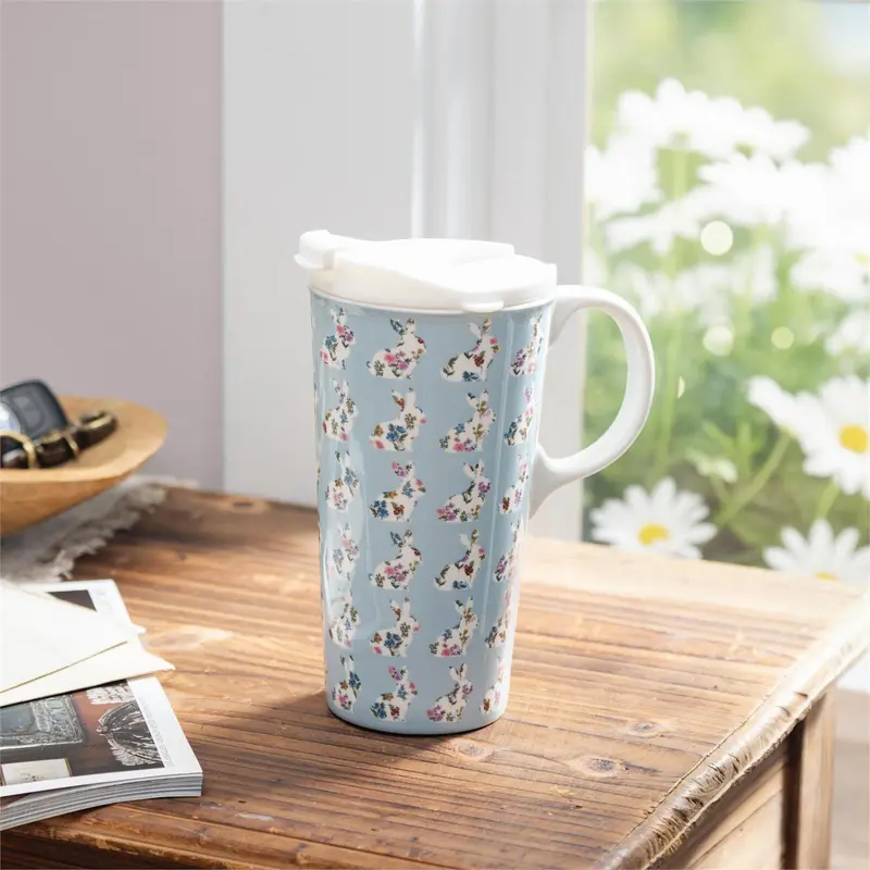 Hop Into Spring Travel Cup Ceramic Perfect Cup, Floral Bunny Rows, 17oz, Gift Box