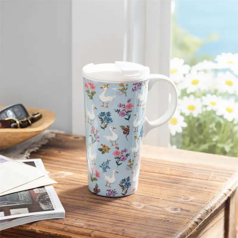 Hop Into Spring Travel Cup Ceramic Perfect Cup, Floral Goose, 17oz, Gift Box