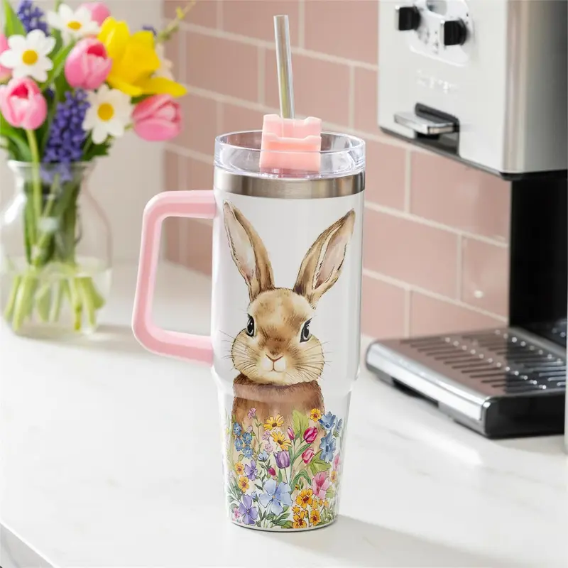 Hop Into Spring Tumbler Stainless Steel Trenta Cup, Bunny with Floral, 30oz, Window Box