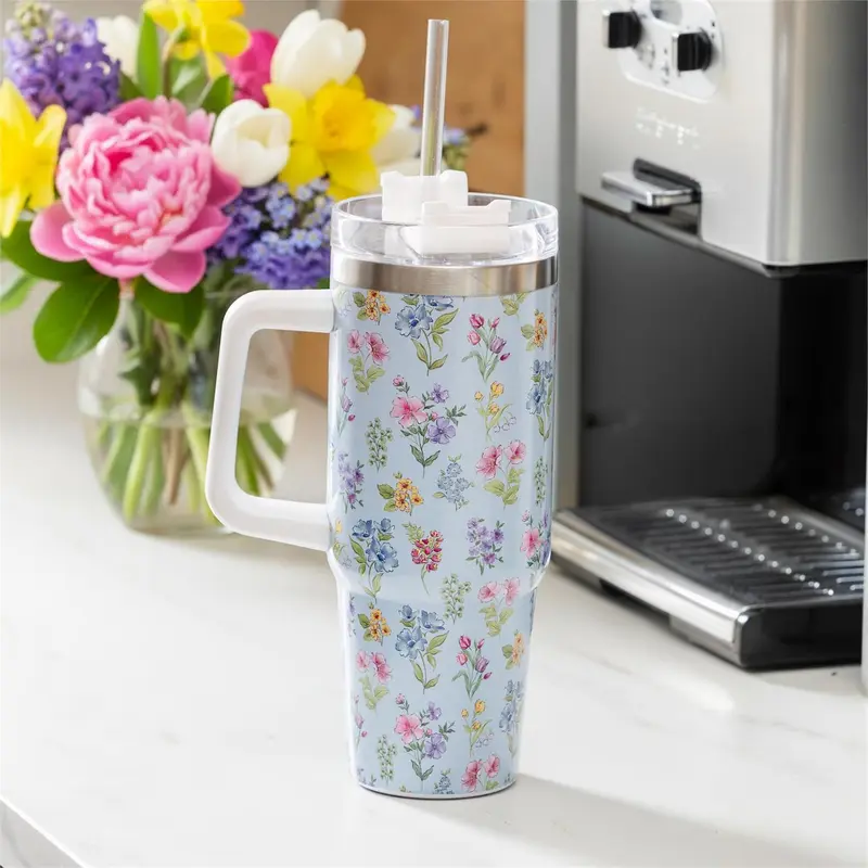 Hop Into Spring Tumbler Stainless Steel Trenta Cup, Scattered Floral, 30oz, Window Box