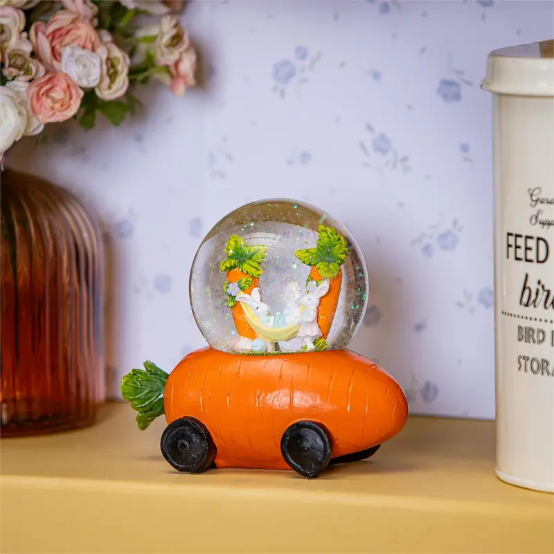 Hop Into Spring Water Globe Resin Carrot Car with Easter Bunny Scene, 6.5"L