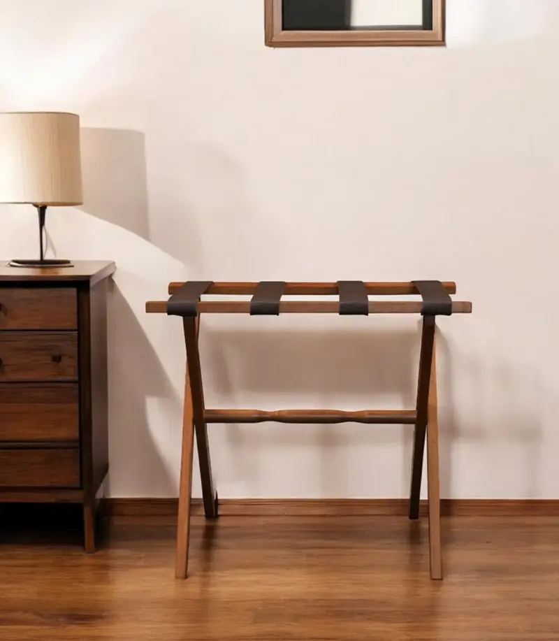 Hotel Light Walnut Folding Luggage Rack With 4 Straps By Homeroots