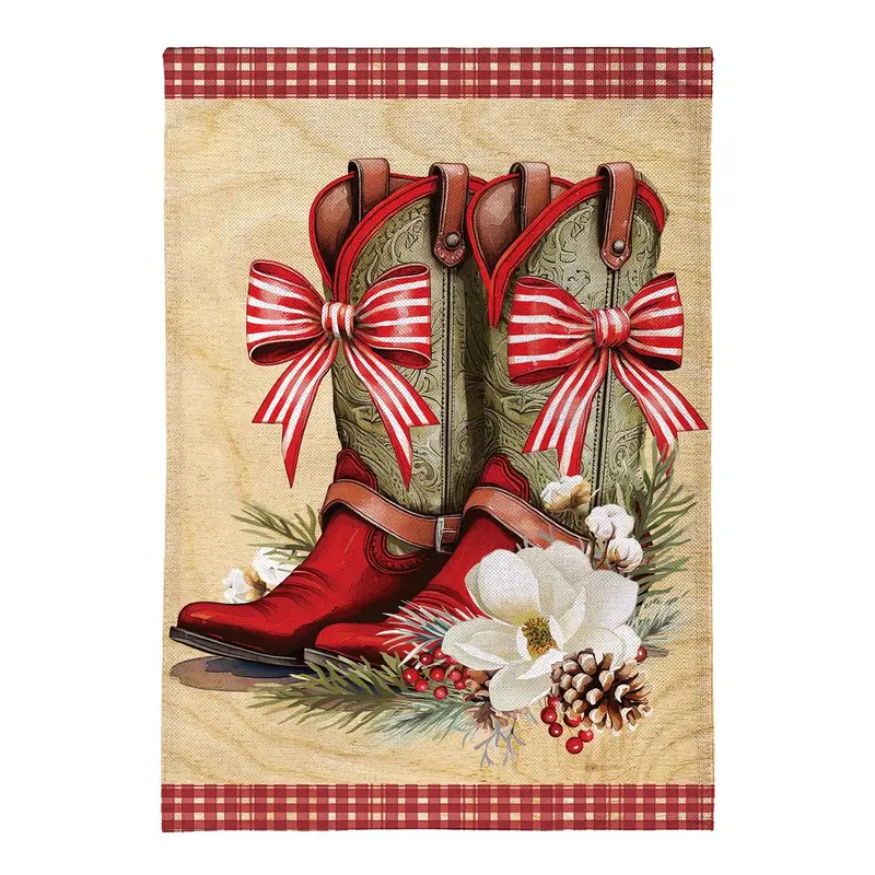 Howdy Holidays Bow Boots Burlap Flag House