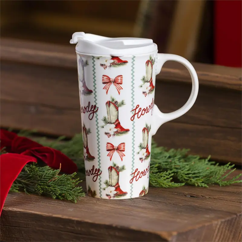 Howdy Holidays Travel Cup Ceramic Perfect Cup, Cowboy Boots, 17oz, Gift Box