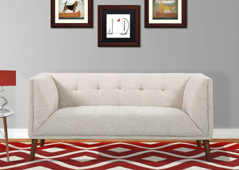 Hudson Mid-Century Button-Tufted Loveseat in Beige Linen and Walnut Legs By Armen Living