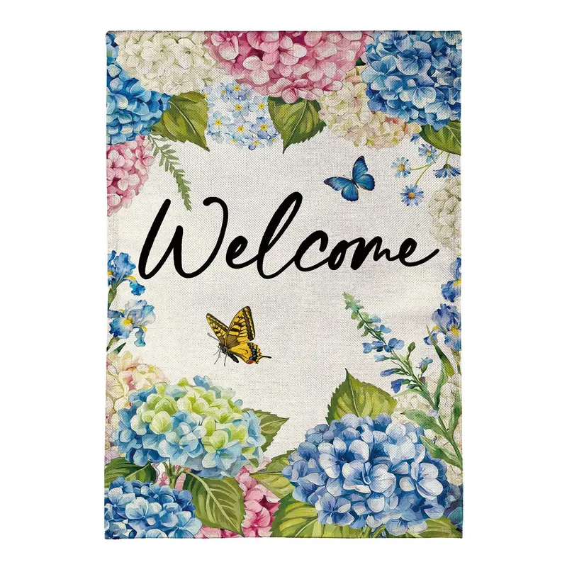 Hydrangea & Butterfly Burlap Flag House