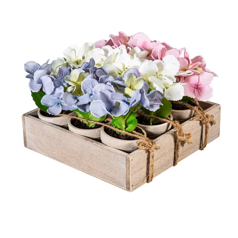 Hydrangea Table Top Artificial in Cement Look Pot, Wooden Crate CDU