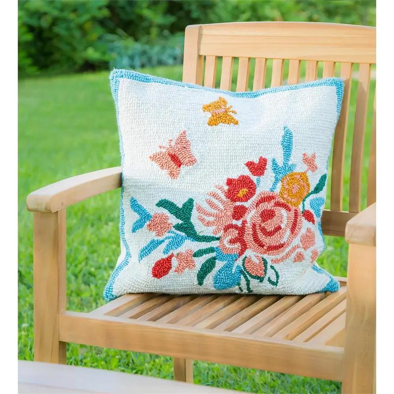 Indoor/Outdoor Hooked Pillow  18"x18" Butterfly Meadow