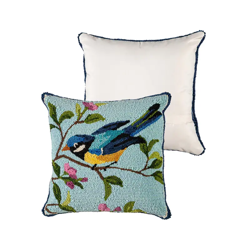 Indoor/Outdoor Hooked Polypropylene Birds in Branches Throw Pillow 18"x18"